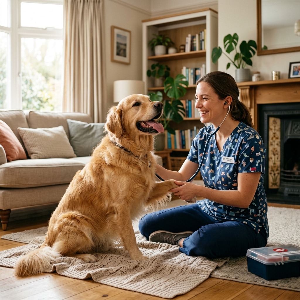 Dra. Mariana atendendo um Golden Retriever com carinho na sala de estar
